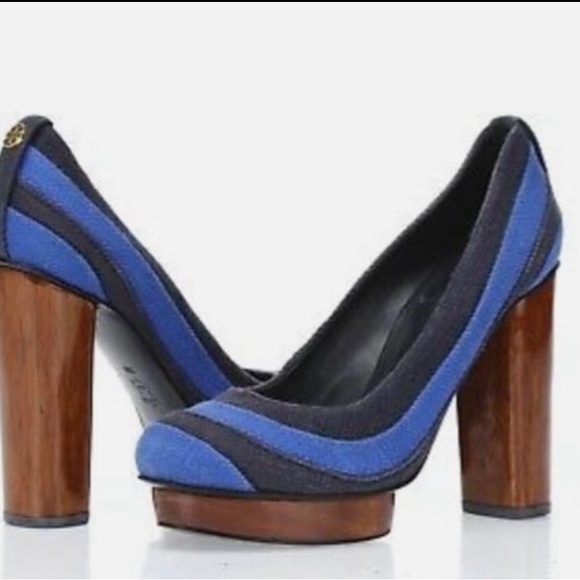 Tory Burch Blue and Black Heels with Wooden Platform - Picture 1 of 4